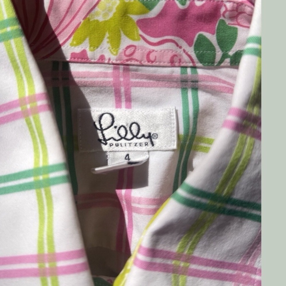 Lilly Pulitzer Womens Pink Green Plaid Button Down Shirt Palm Tree Logo Size 4